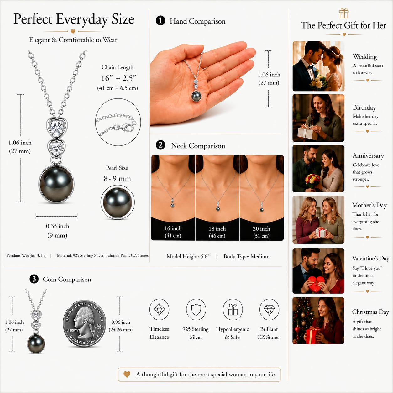 NONNYL Birthday Gift for Women Wife Natural Tahitian Black Pearl Necklace 8-9mm | 18K Gold Plated S925 Sterling Silver Luxury Jewelry Gift for Women | Anniversary Mom Wife Girlfriend Necklace