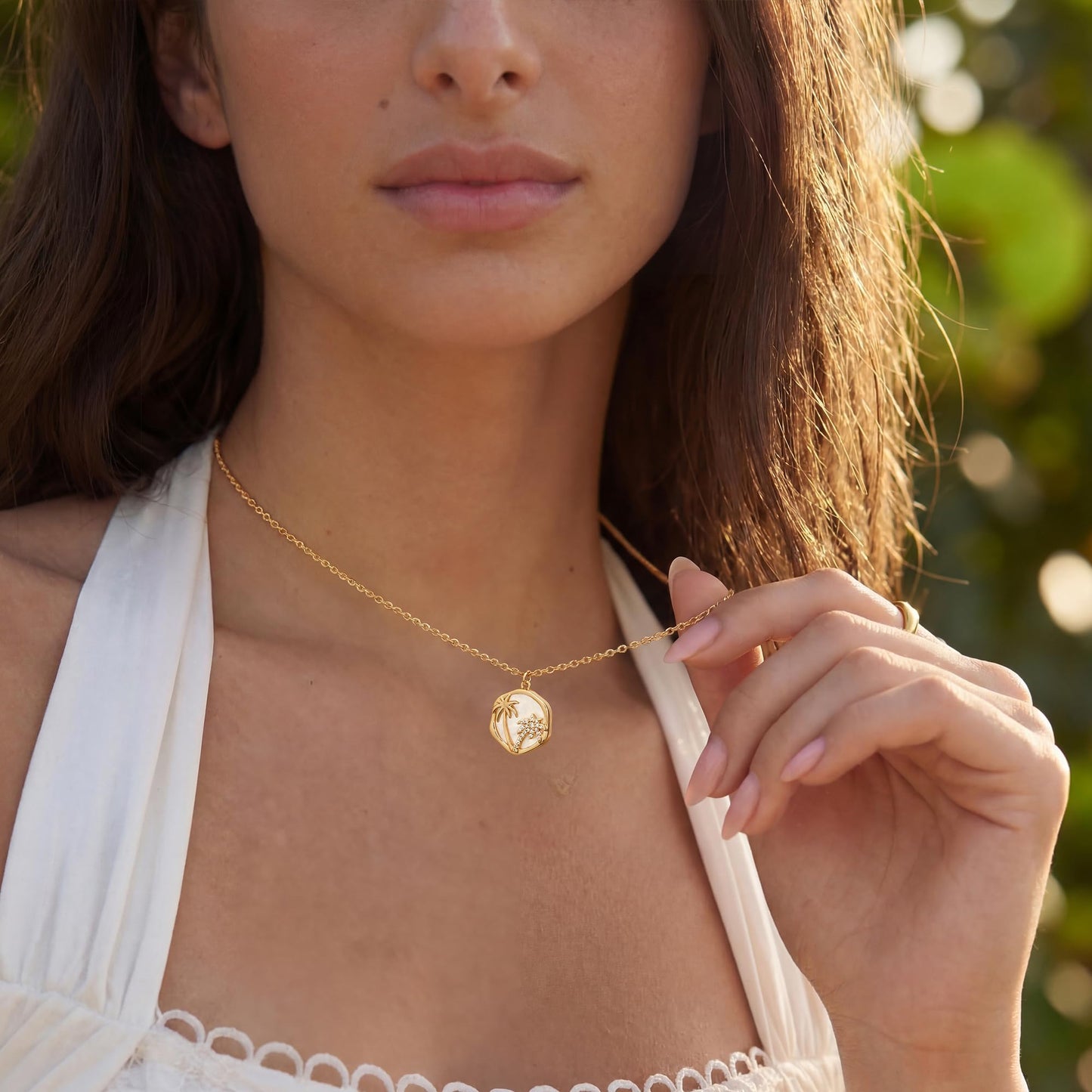 MYEARS Women Gold Necklace Coconut Tree Coin Pendant White Mother of Pearl Cubic Zirconia 14K Simple Dainty Thick Chain Everyday Summer Beach Jewelry