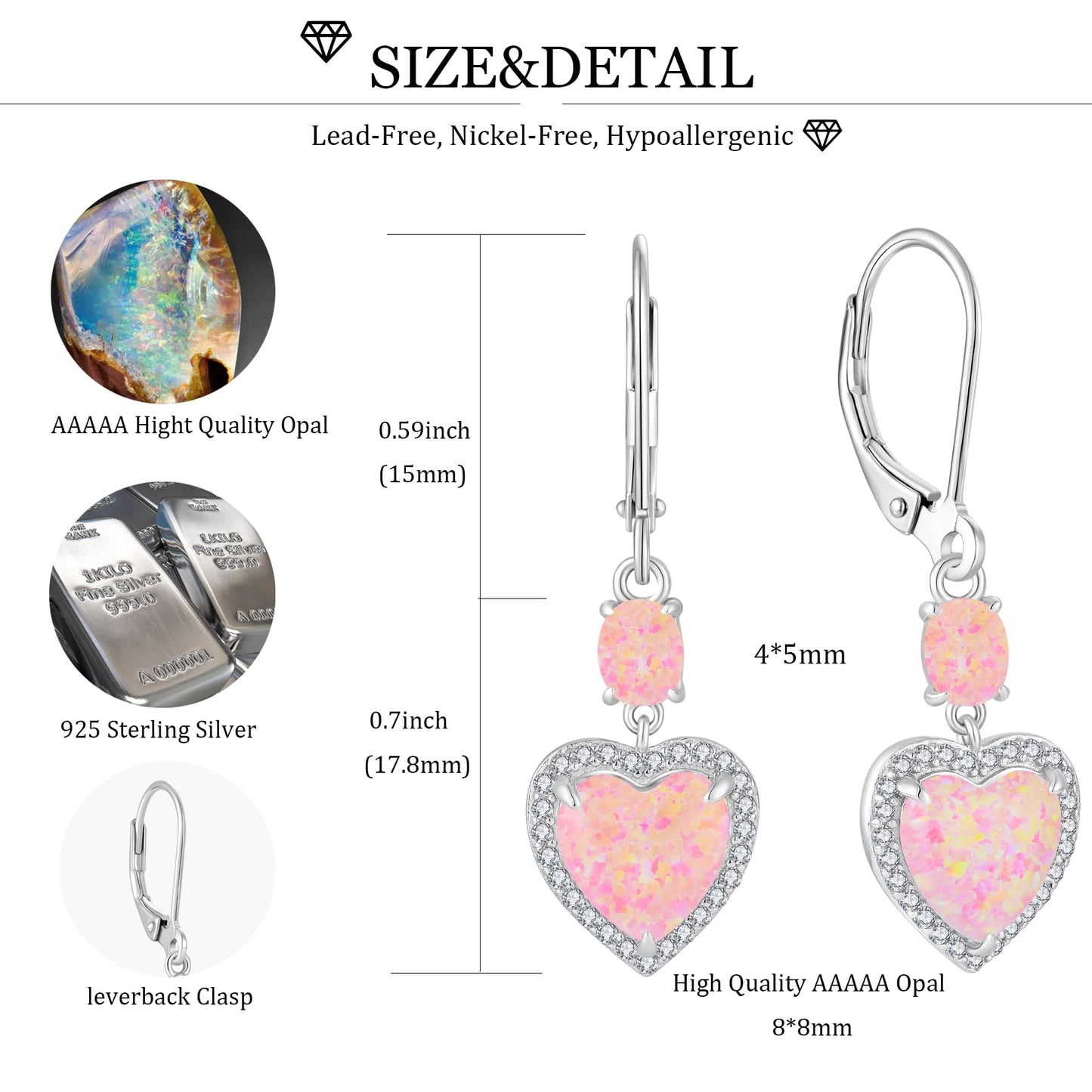 FYNSBLE Pink Heart Opal Earrings for Women Sterling Silver Gemstone Leverback Earrings Hypoallergenic Jewelry for Women