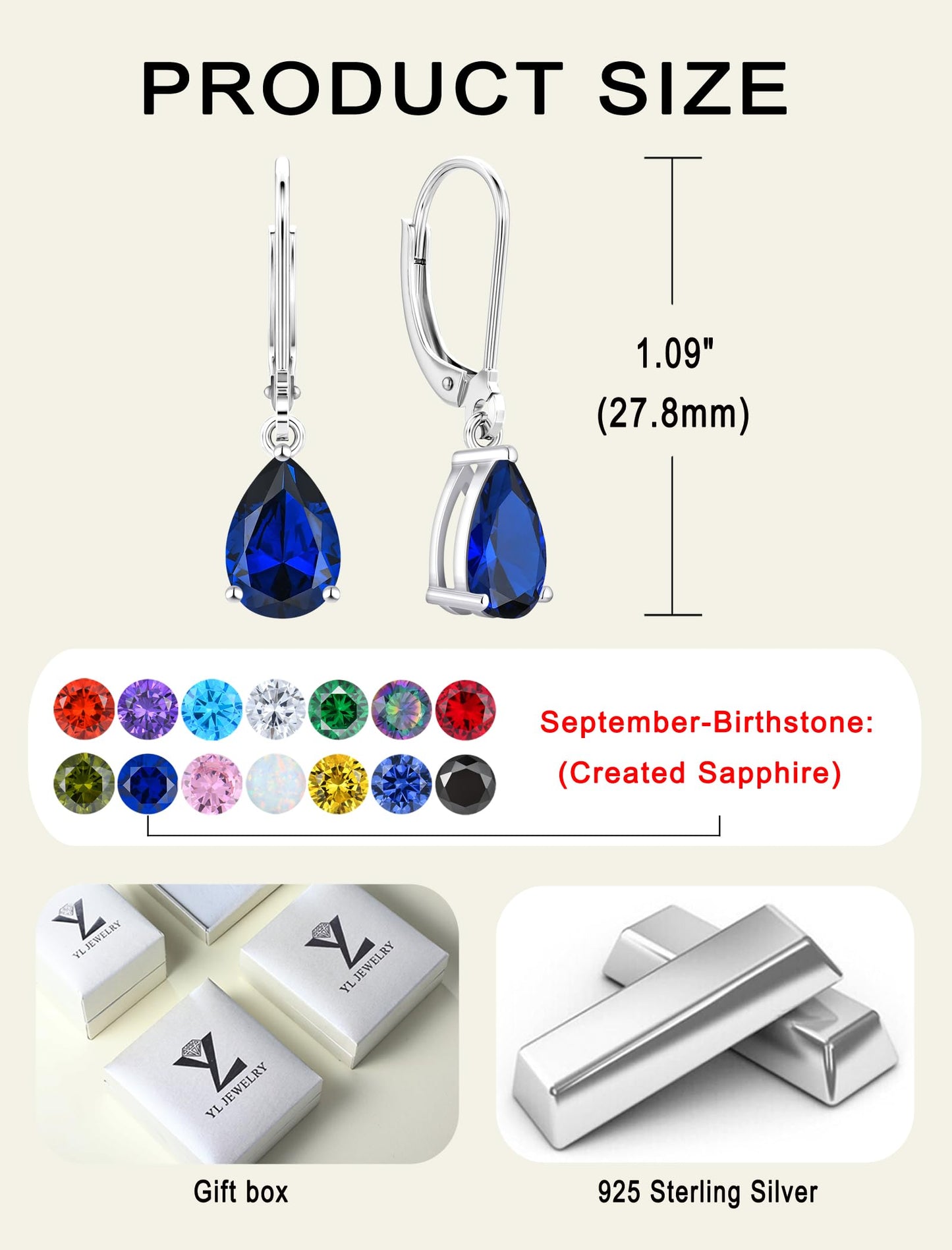 YL 925 Sterling Silver Teardrop Dangle Drop Earrings for Women 7x10 MM Solitaire Created Sapphire Leverback Jewelry