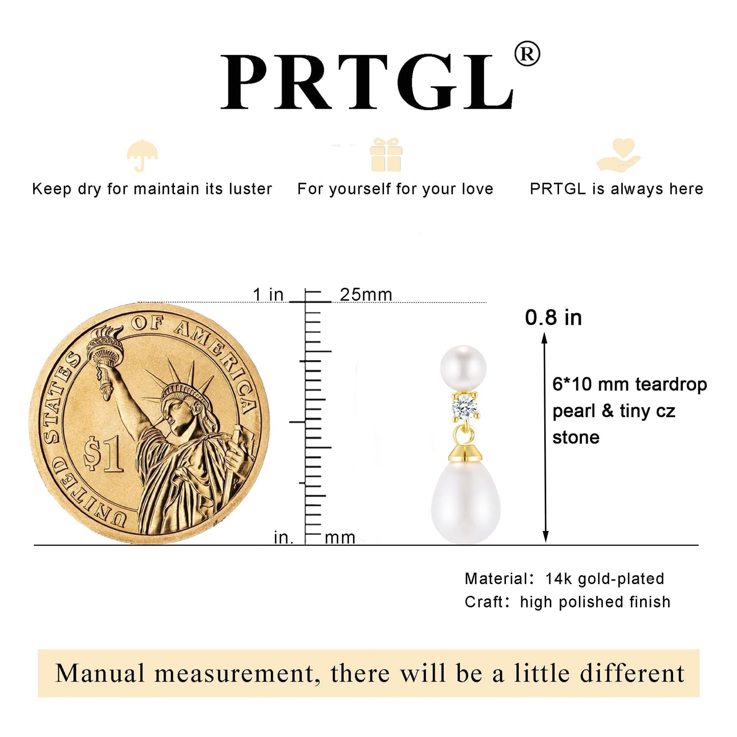 PRTGL Pearl Earrings - 14K Gold Plated Pearl Drop Wedding Earrings for Bridal Bridesmaid Women