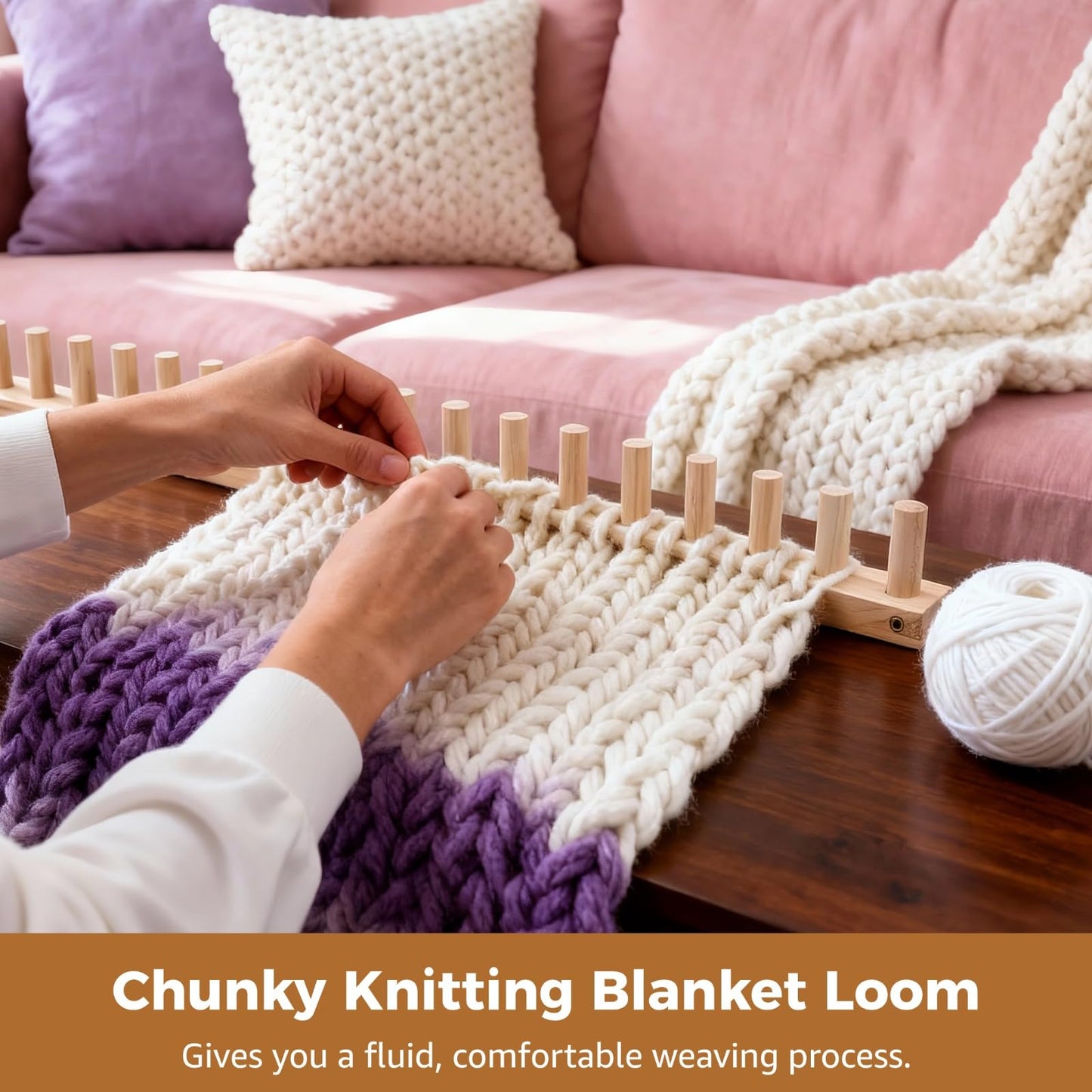 DORMIYA 35.4" Chunky Knitting Blanket Loom, Wooden DIY Weaving Loom Kit, Adjustable Modular Blanket Frame with Assembly Hardware, 3-in-1 Knitting Loom for Thick Yarn