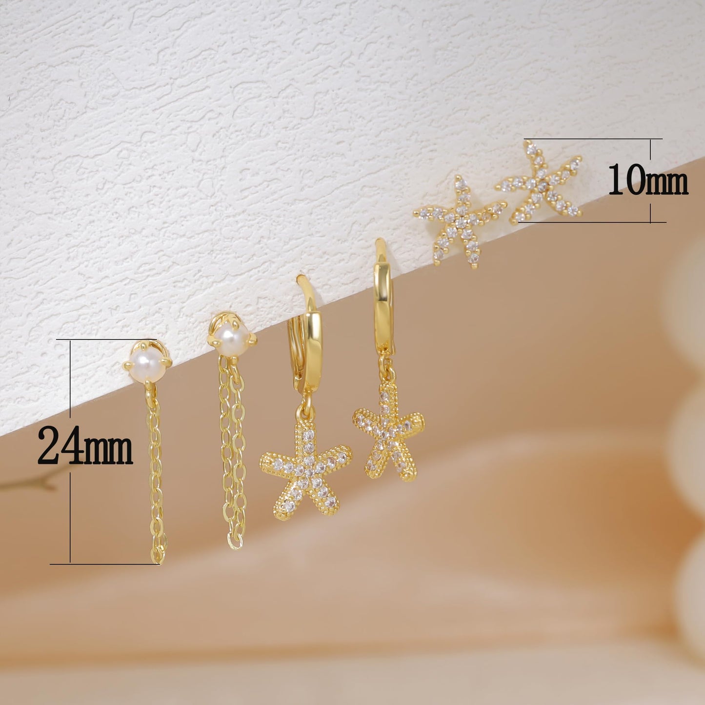 SELFROSE Starfish Earrings,Hypoallergenic Gold Chain Starfish Dangle Earrings Set For Women Trendy Cute Summer Boho Earring Stacks Women'S Gold Beach Jewelry