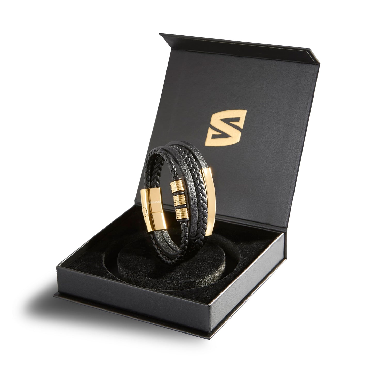 SERASAR Pulseras para hombre Caja de regalo oro 23cm Piel vacuno trenzada cuero genuino Cierre magnético ajustable joyería múltiples capas Hombres