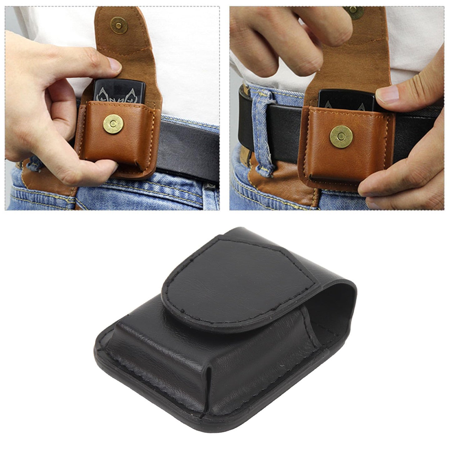 Lighter Pouch Belt Loop PU Holder Scratch Soft Lining Magnetic Buckle Lighter Waist Case Outdoor Travel (Black)