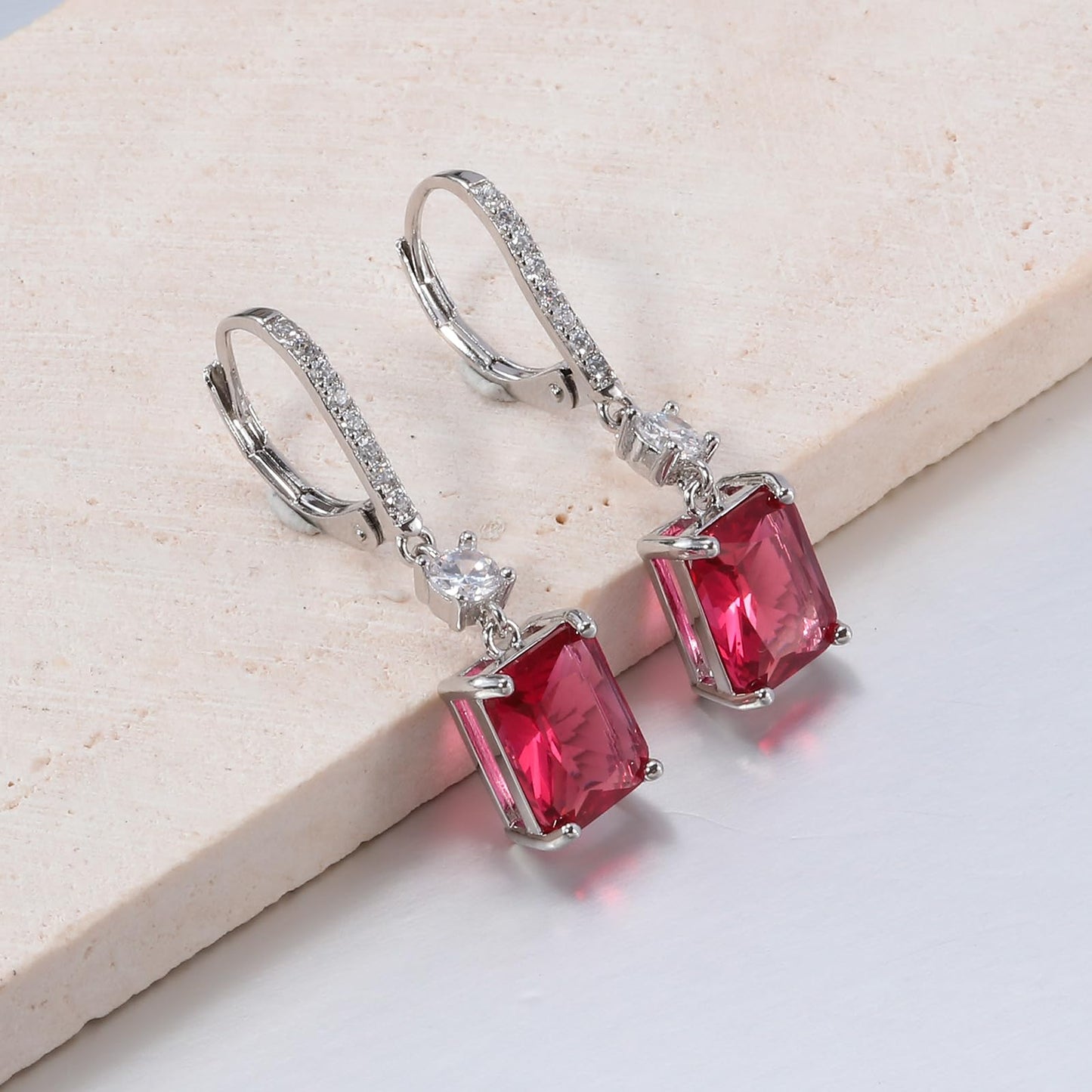 CiNily Leverback Earrings for Women Rectangular-cut Drop Dangle Earring Hypoallergenic, 14K White Gold Plated Rose Red Cubic Zircon Earrings Diamond Dangle Ear Rings Jewelry Birthday