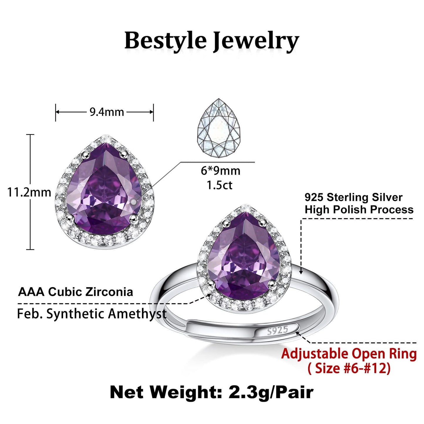 Bestyle 925 Sterling Silver Teardrop Crytsal Cubic Zirconia Rings | Classic Silver February Amethyst Crystal Birthstone Rings for Women, Great Birthday Gift for Wife/Mom/Grandma