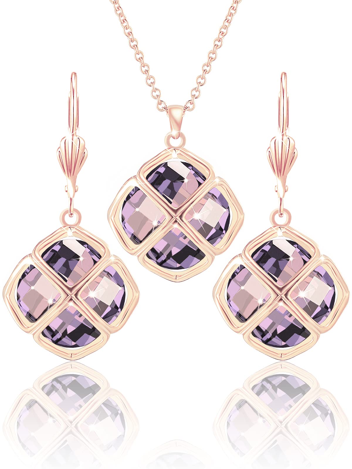 Qinpan 14MM Crystal Pendant Dangle Necklace Earrings Sets for Women Glod Plated Costume Jewelry, 38*17.8mm, Rose Gold, Cubic Zirconia