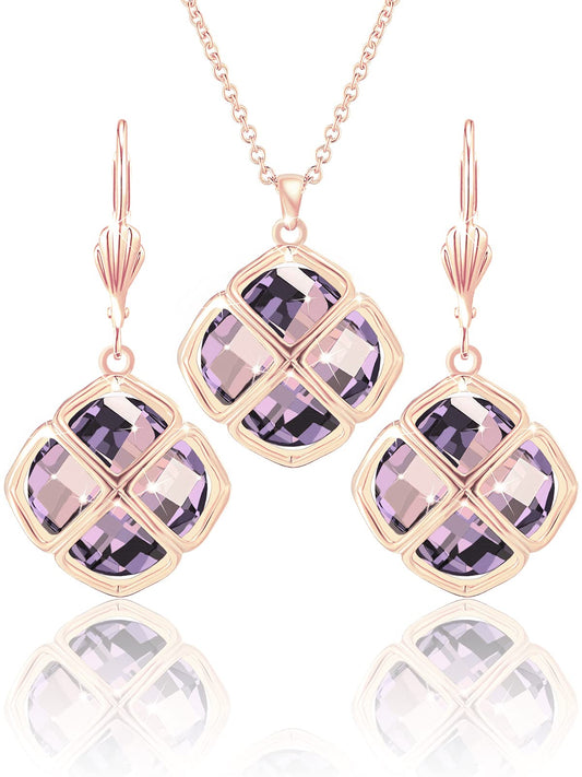 Qinpan 14MM Crystal Pendant Dangle Necklace Earrings Sets for Women Glod Plated Costume Jewelry, 38*17.8mm, Rose Gold, Cubic Zirconia