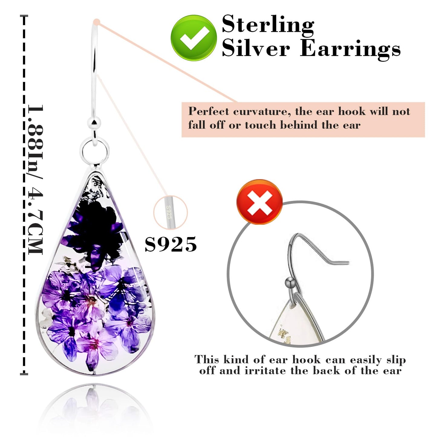 925 Sterling Silver Pressed Flower Teardrop Earrings,Hypoallergenic Women's Jewelry Gift for Mom,Handmade natural dried flower teardrop earrings Jewelry Gift for women