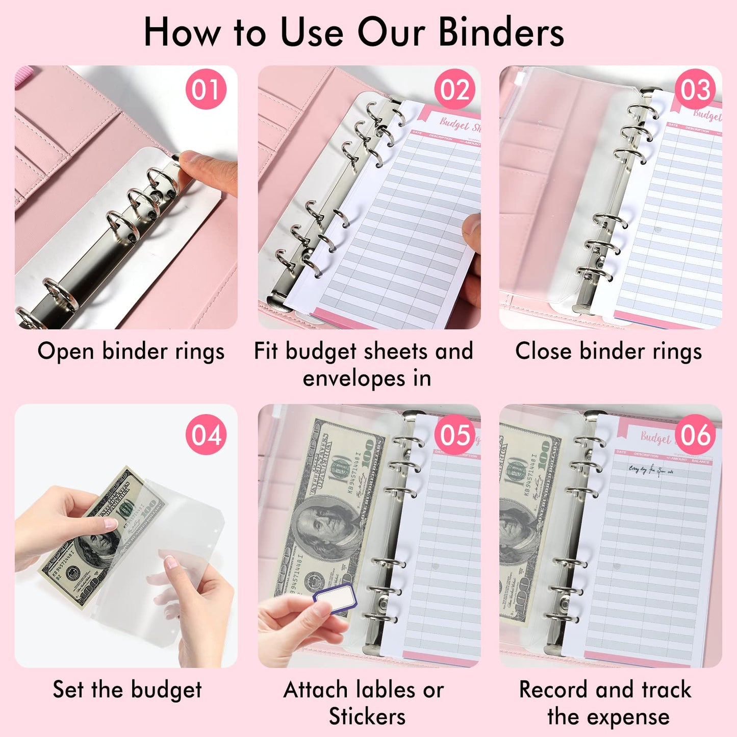 Budget Binder with Zipper Envelopes - Crocodile Pattern Leather Money Organizer, Cash Saving Book Budgeting Planner, Cash Stuffing Folder Envelope System, A6 Bill Binders with Pockets, Pink