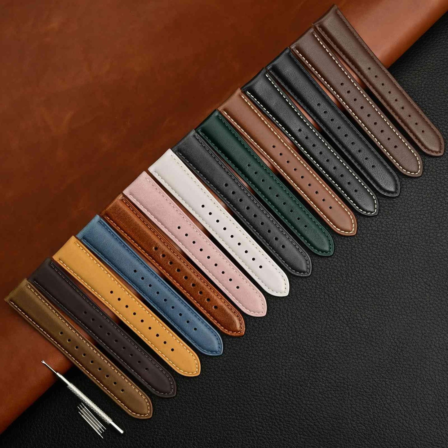WOCCI 16mm Vintage Leather Watch Band for Men and Women, Gold Buckle (Cinnamon Brown)
