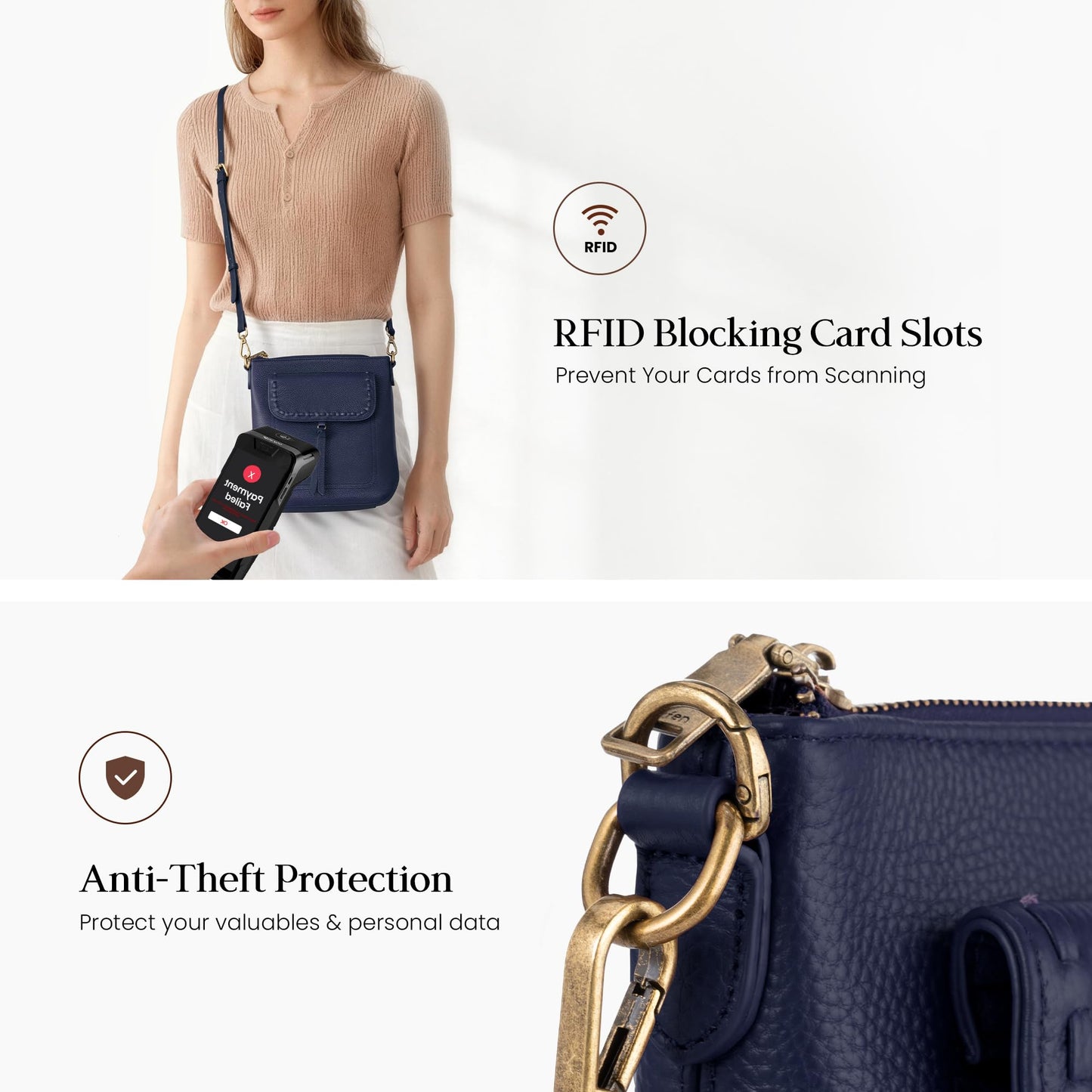 befen Navy Blue Genuine Leather Crossbody Purse for Women, Small Crossbody Bag with RFID Card Slots, Anti Theft Multi Pocket Shoulder Bag for Travel Daily Use