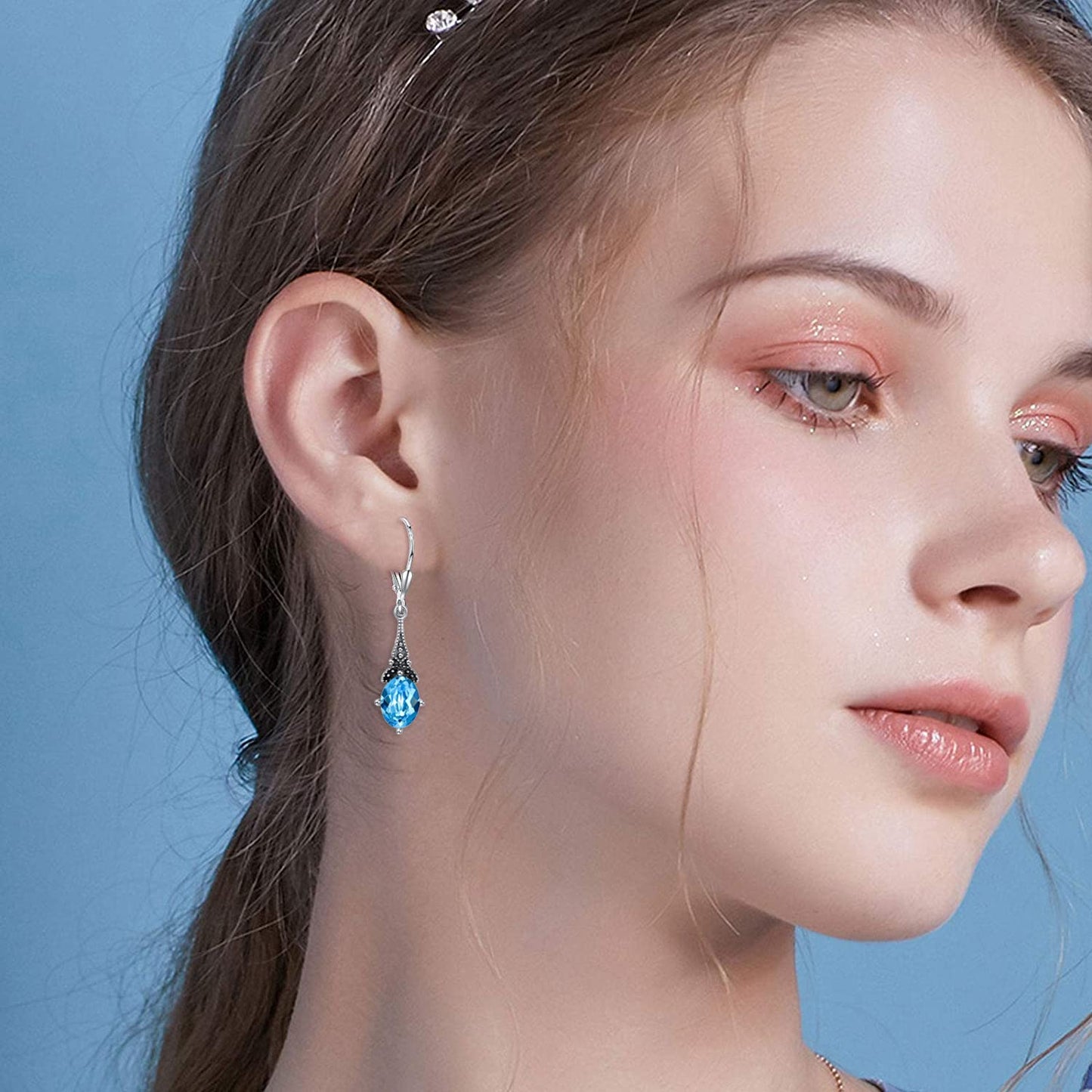 Leverback Drop Earrings Sterling Silver Retro Vintage Earrings with Oval Simulated Aquamarine, Crystal from Austria, Birthstone Earrings Gifts for Women