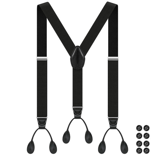 Button Suspenders for Men Y-Back 1.4 Inches Wide Leather Button End Elastic Adjustable Suspenders for Men Tuxedo Black Braces