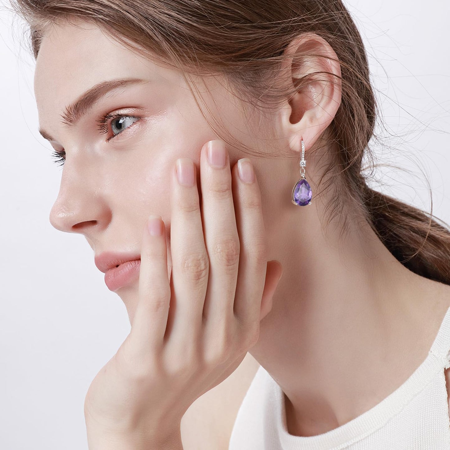 BAMIKI Sterling Silver Teardrop Leverback Dangle Earrings for Women Hypoallergenic, 10×14mm Pear Amethyst Birthstone Purple Cubic Zircon Drop Earrings Trendy Jewelry Gifts for Wife Daughter Mother