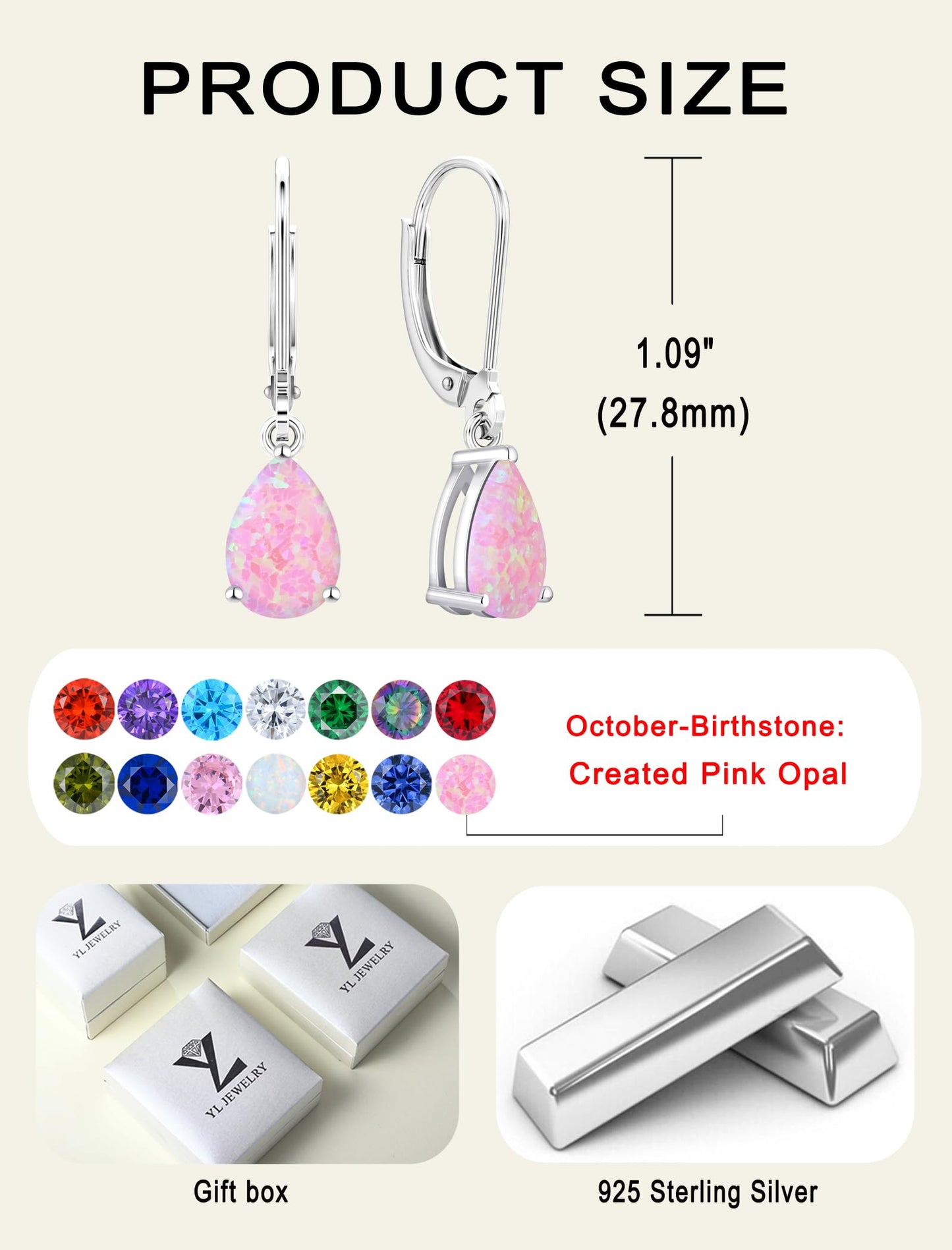 YL 925 Sterling Silver Teardrop Dangle Drop Earrings for Women 7x10 MM Solitaire Pink Created Opal Leverback Jewelry