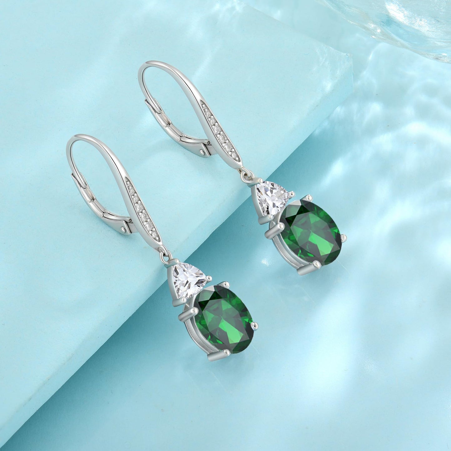 Rocayi Oval Emerald Earrings for Women 925 Sterling Silver Dangle Drop Leverback Earrings May Birthstone Jewelry for Her