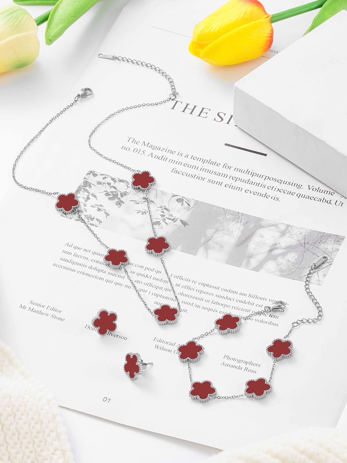 Qinpan Five Leaf Clover Necklace Bracelet and Stud Set for Women Lucky Flower Jewelry (Burgundy-Stainless Steel)