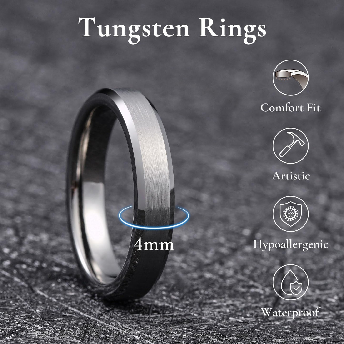 King Will Gunmetal Basic Tungsten Rings For Men 4mm Wedding Band Polished Edge Brushed Matte Promise Ring Comfort Fit, Size 11