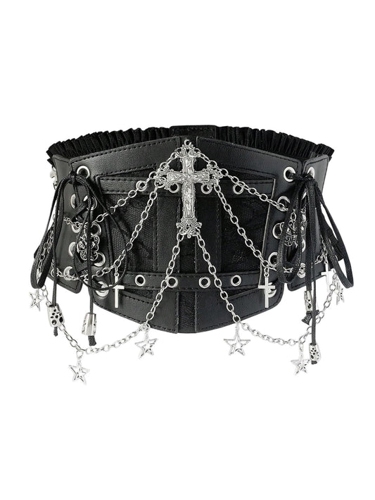 WDIRARA Women's Faux Leather Corset Belt Chain Goth Punk Cross Lace Up Side Elastic Waist Corset Black Large