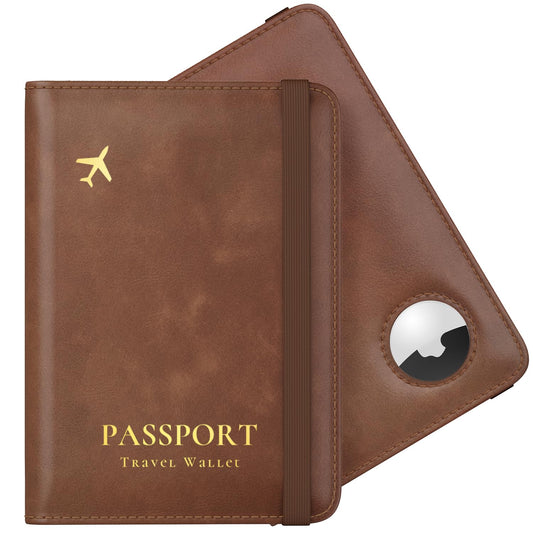 Stouchi AirTag Passport Holder, RFID Passport Holder with Airtag Slot, Multiple Passport Wallet Cover for Men, Leather Passport Case, Anti-Lost Waterproof Travel Accessories, Brown