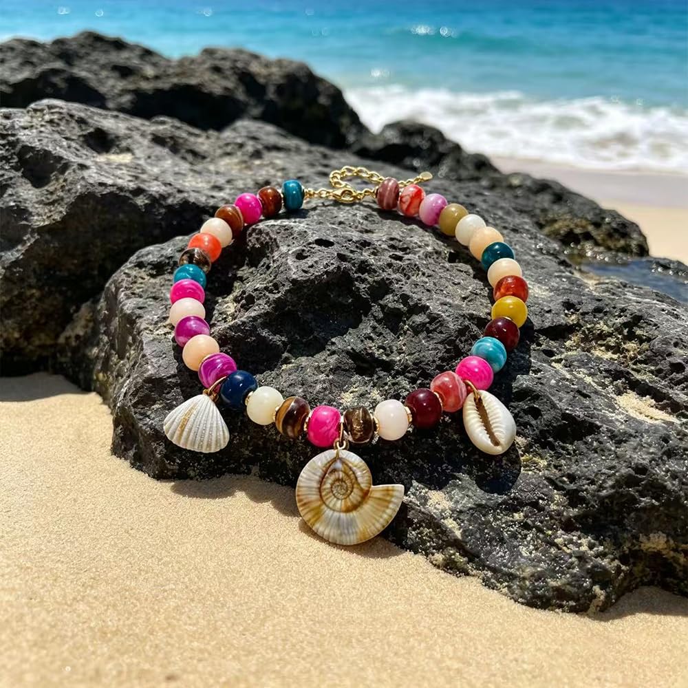 ROYNRAU Chunky Colorful Beaded Necklace for Women-Unique Resin Beads Starfish Shell Charms Pendant Choker Necklaces Boho Statement Summer Vacation Beach Jewelry (Conch-Round)