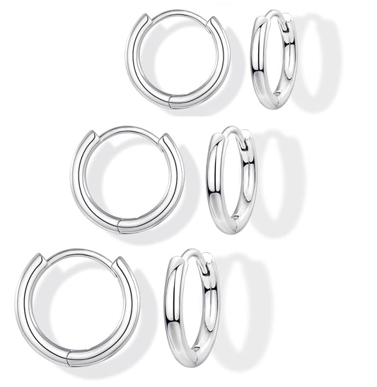 Gokeey Small Gold Huggie Hoop Earrings for Women 14K Gold Plated Lightweight Hoop Earrings Set for Women Hypoallergenic Earrings for Gifts(silver,6mm/6mm/6mm)