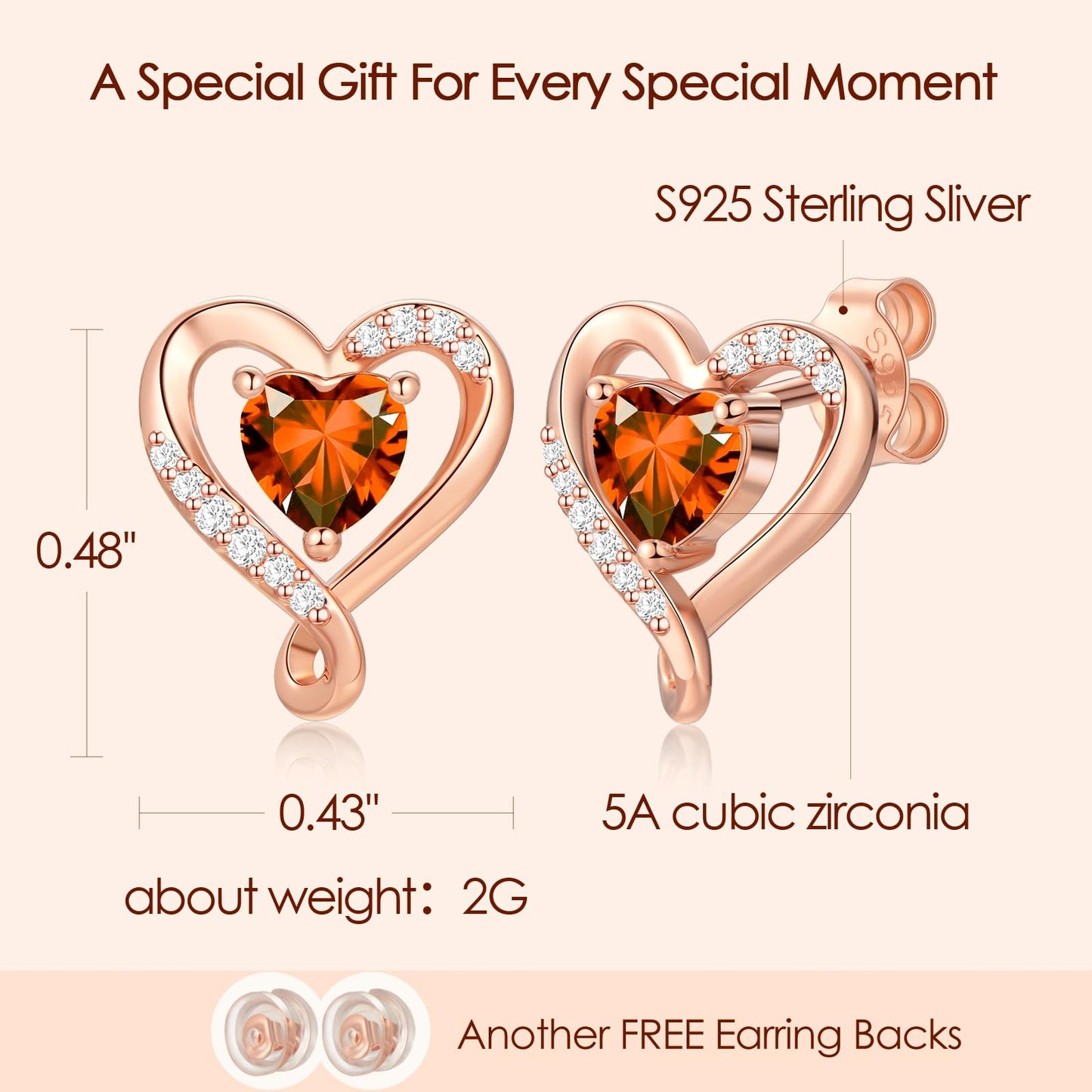 Zifeel Earrings for Women,Rose Gold Birthstone Heart Studs Earring for Girlfriend Wife, Anniversary Birthday Christmas Valentines Mothers Day Gifts Jewelry for Women Wife Her Mom