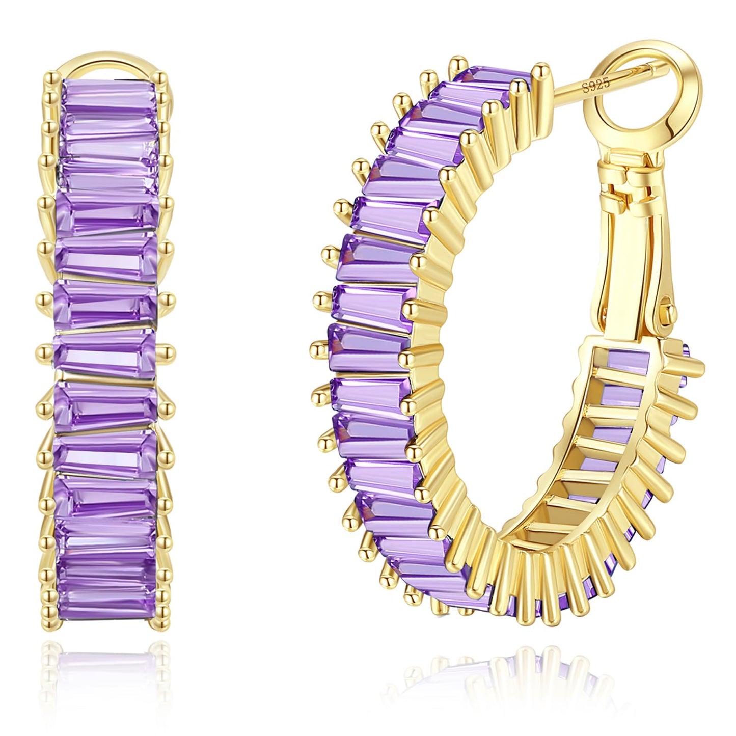 GLOQUAT Gold Purple Hoop Earrings 14K Gold Plated Amethyst Earrings for Women Purple Rhinestone Earring Lavender Earring Round Circle Hoops Vintage Baguette Cubic Zirconia Hoop Jewelry for Women 25mm