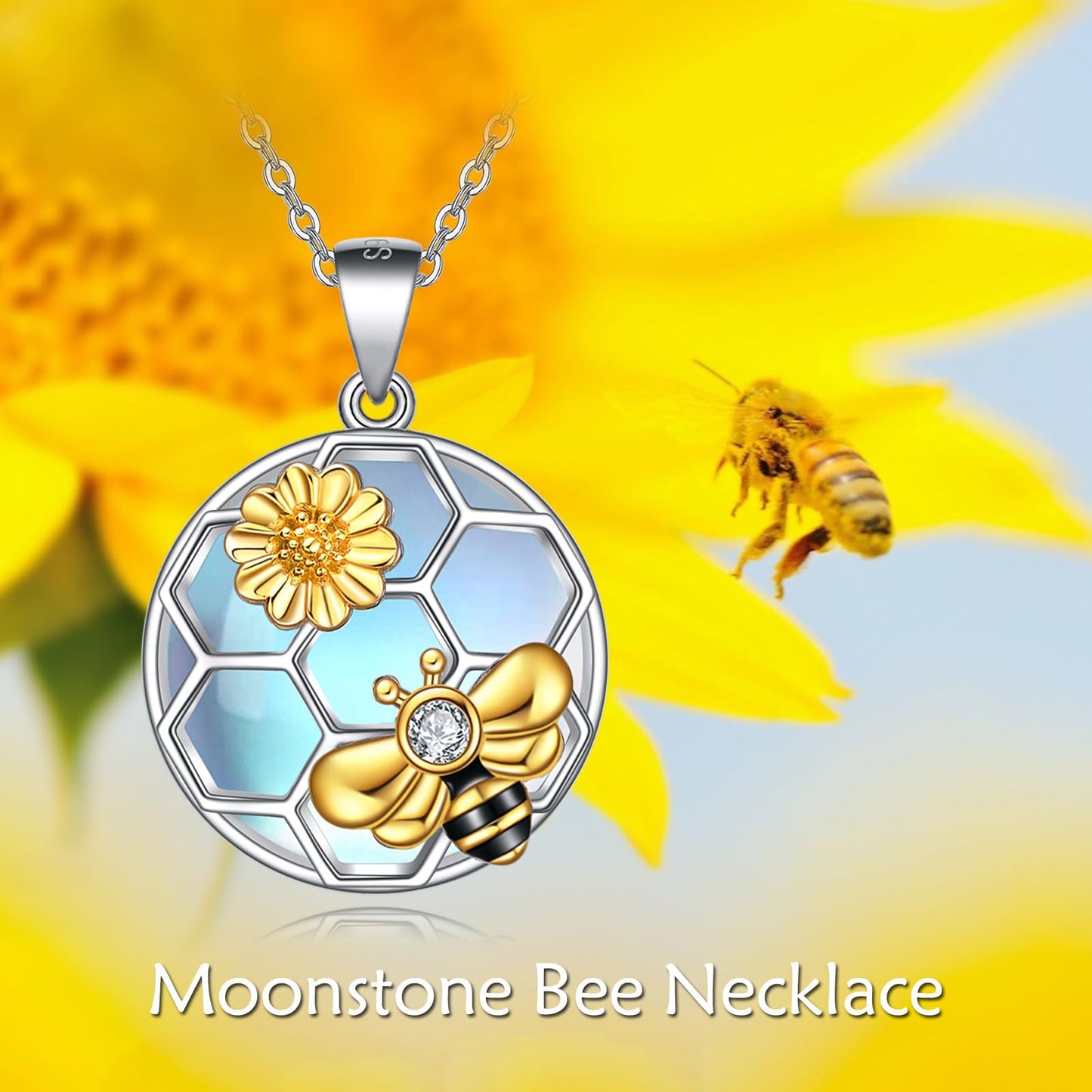 LUHE Bee Necklace 925 Sterling Silver Moonstone Necklace Honeycomb Cute Flower Pendant Necklaces for Women Christmas Gifts for Her Women