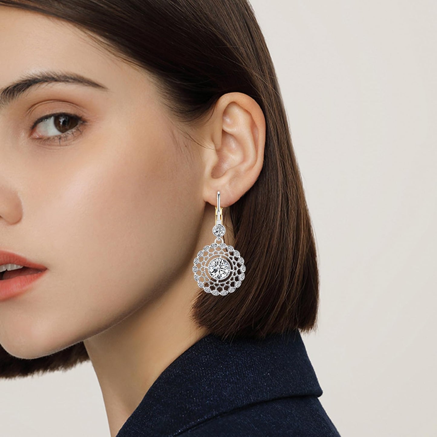 JNONL Vintage Silver Sparkly Crystal Camellia Flower Leverback Earrings Rhinestone Snowflake Round Dangle Drop Earrings for Women (Silver 3)