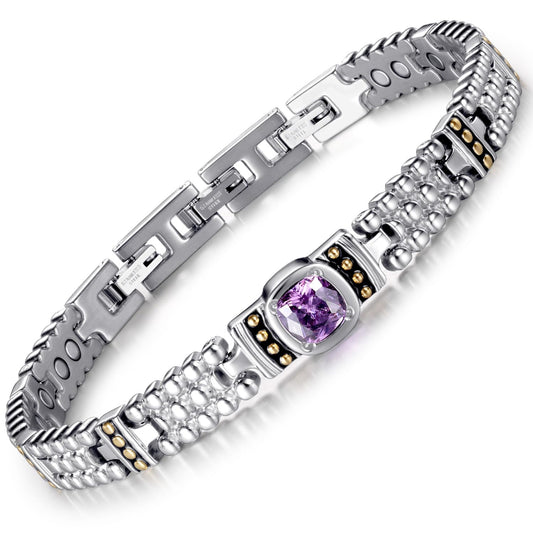 RainSo Women's Magnetic Bracelets Stainless Steel Purple Gemstone Crystal Inlaid Design Adjustable Sizing Tool with Display Box (Silver)