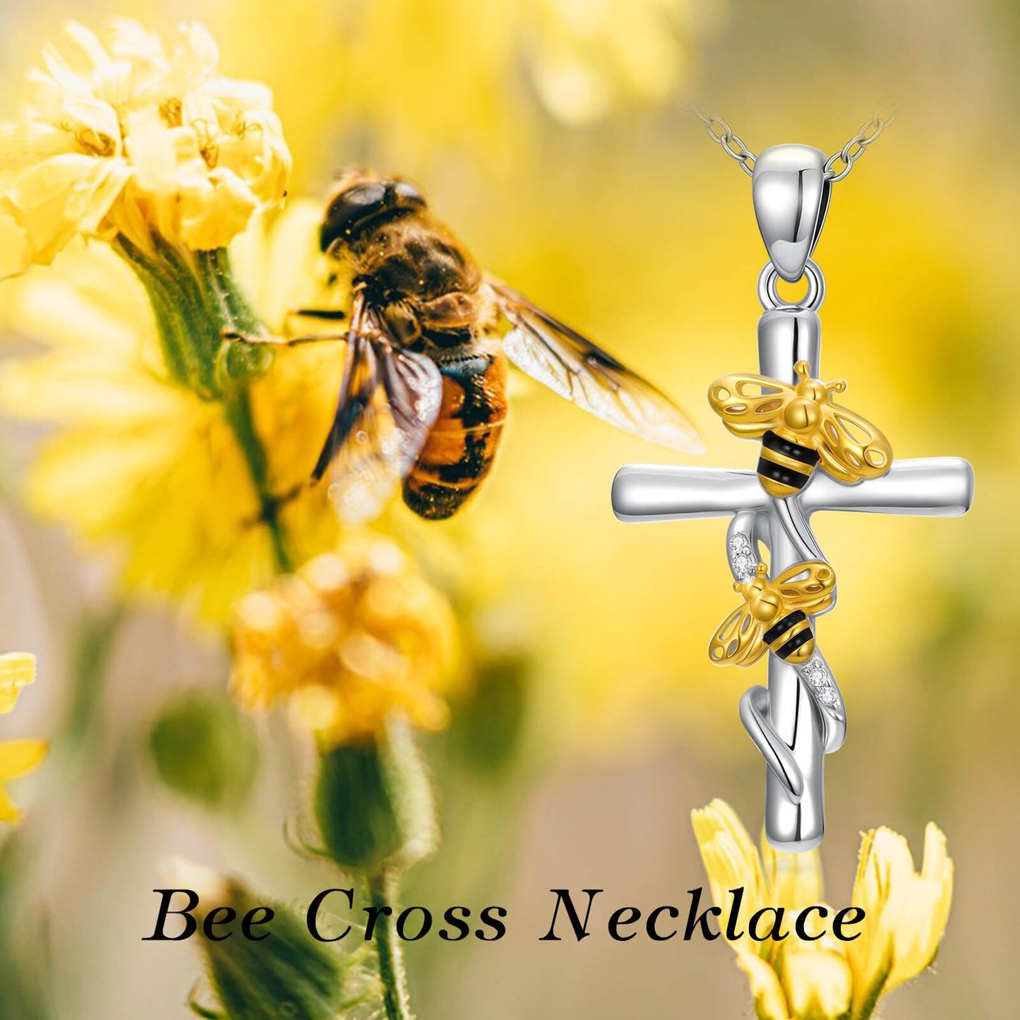 YYB Cross Necklace Valentines Day Gifts for Women 925 Sterling Silver Pendant Butterfly/Dragonfly/Bee/Ladybug/Hummingbird Cross Jewelry Gift for Her (Bee)