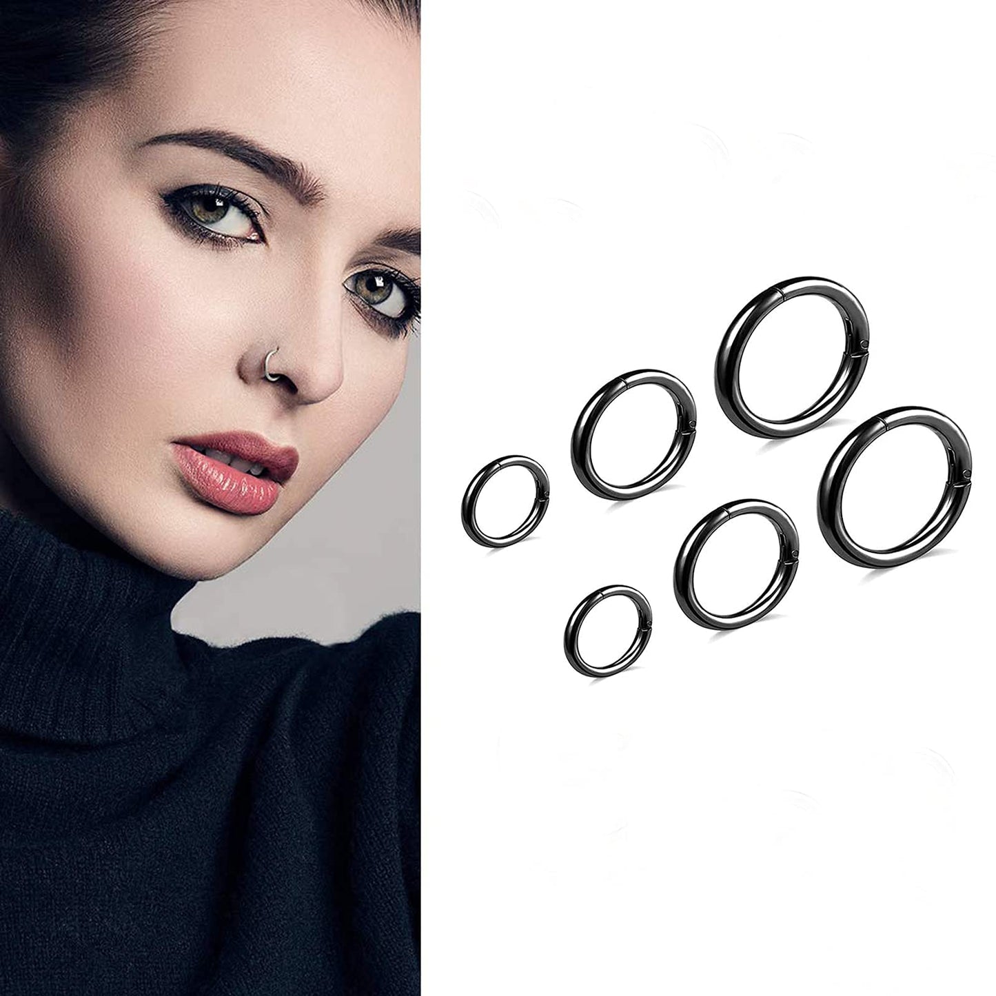 BOGKU 6pcs G23 Titanium Septum Rings Hinged Nose Ring Hoops for Women Men 16G Cartilage Hoop Earrings Body Piercing Jewelry Lip Rings - Diameter 6mm 8mm 10mm