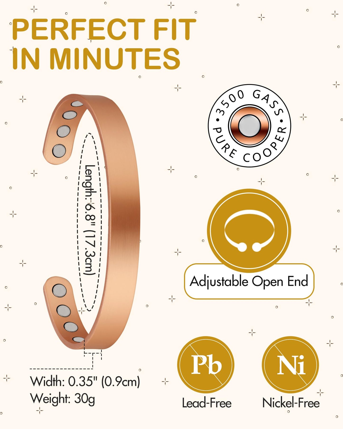 Feraco Copper Magnetic Bracelet for Men Women, 99.99% Pure Copper Cuff Bangle with Effective Neodymium Magnets, Adjustable Jewelry Gifts (Set of 2)