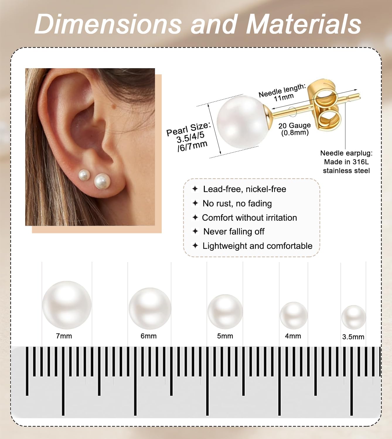 5 Pairs Pearl Stud Earrings for Women, 14K Gold Filled Polished Small Pearl Earrings Set, 20G Hypoallergenic Surgical Steel Piercing Studs for Sensitive Ear, Lightweight Shiny Earrings Studs for Helix Tragus Cartilage Multiple Piercing, 3.5-7MM