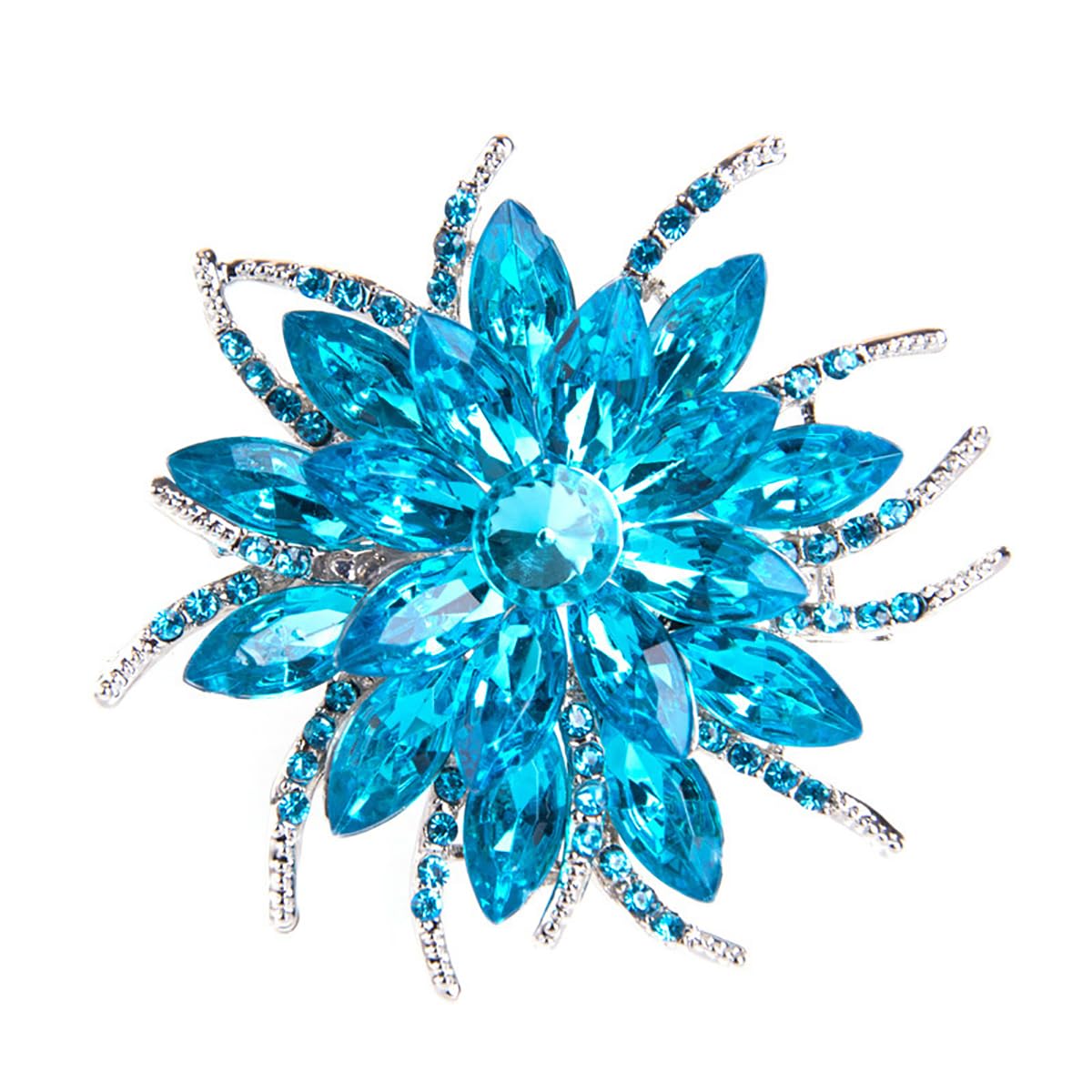 Rhinestone Sunflower Brooch Pin for Women Red Black Purple Large Flower Brooch Snowflake Hat Marquise Wreath Christmas Jewelry (Blue brooch A)