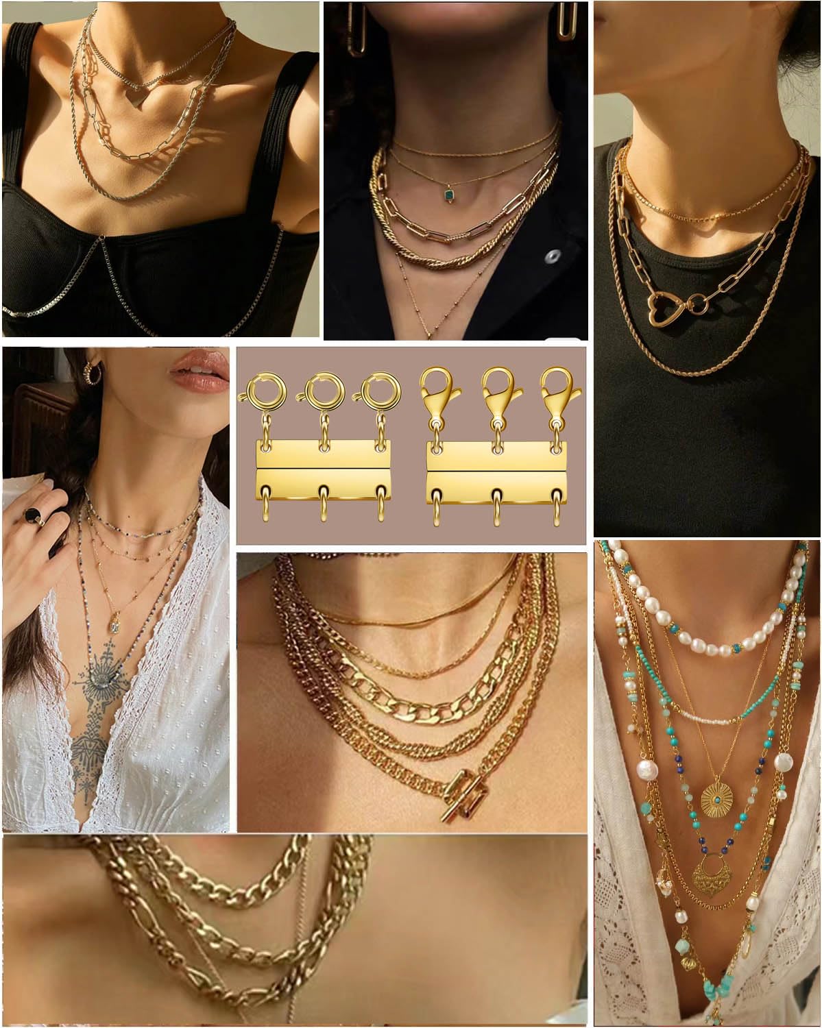 Layering Magnetic Necklace Clasps, Multiple Necklace Clasp,Necklace Clasps for Layered Look，Stainless Steel Chain Link Clasps for Necklaces and Bracelets, Silver, Gold (4pcs|Golden Silver A)