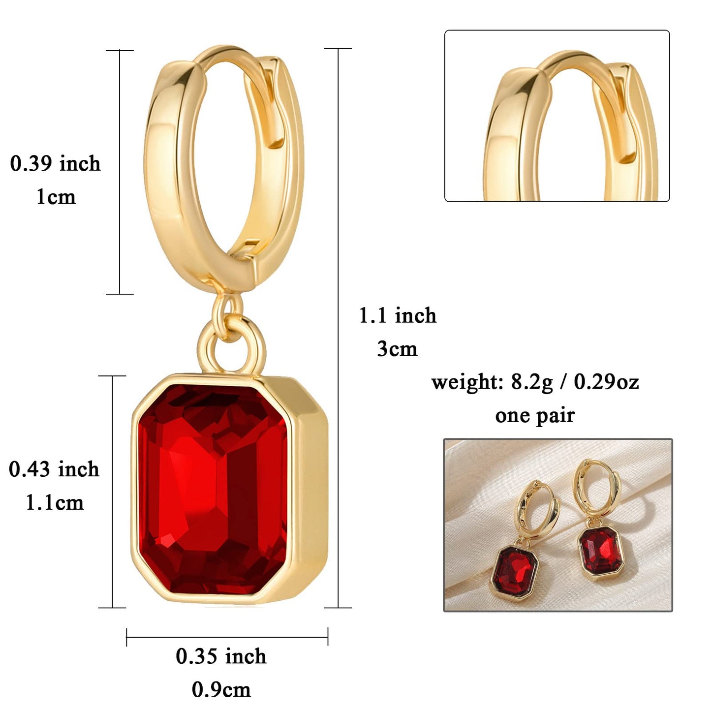 Birthstone Crystal Dangle Drop Earrings, 18K Gold Plated Huggie Hoop Hypoallergenic Earring Jewelry Gifts for Women (Red)