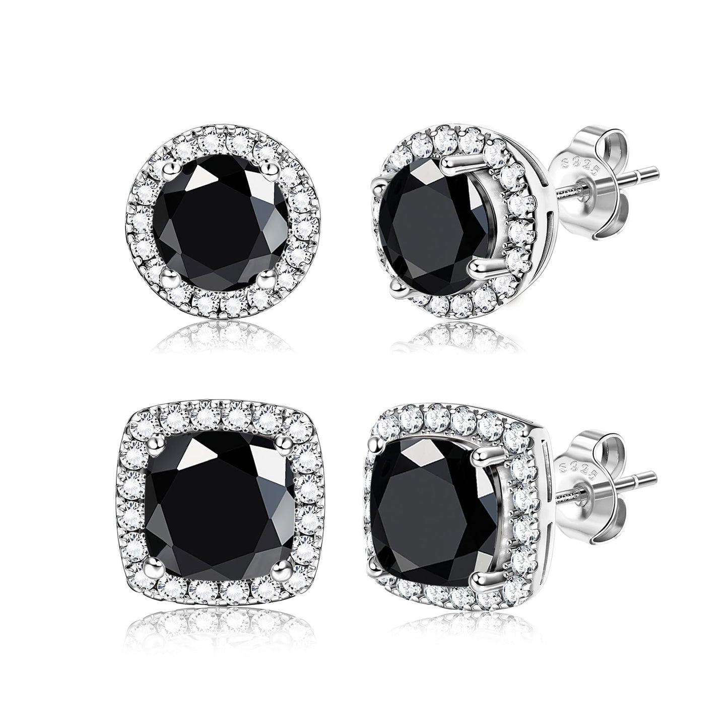 Hayoso Cubic Zirconia Stud Earrings for Women Men Sterling Silver Earring Post Hypoallergenic 14k Gold Plated Round&Square Earrings Silver&Black