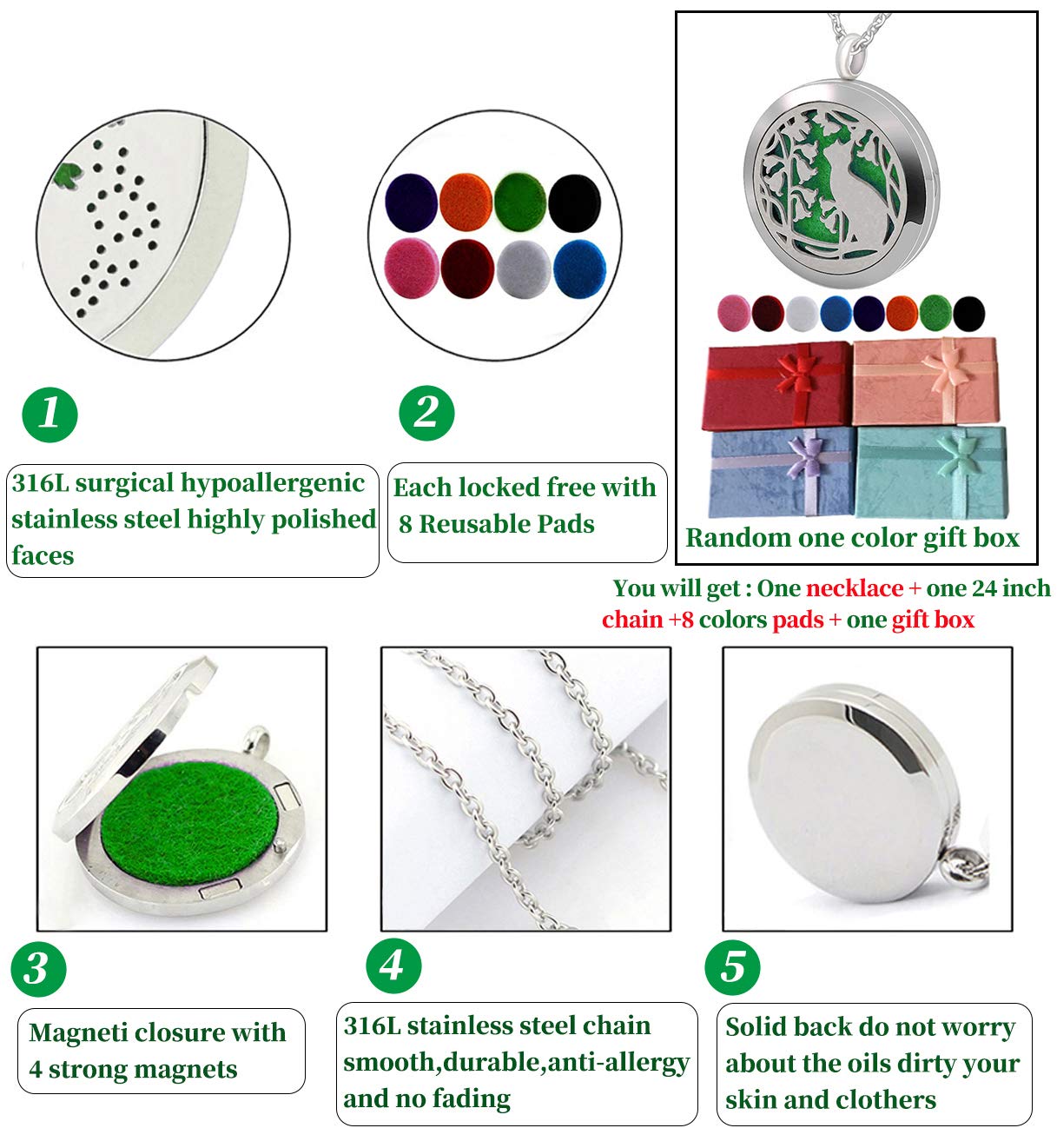 Popeoiuh Essential Oil Diffuser Necklace, Aromatherapy Perfume Stainless Steel Cat Locket Pendant Jewelry Christmas Birthday Gift for Women Men Teen