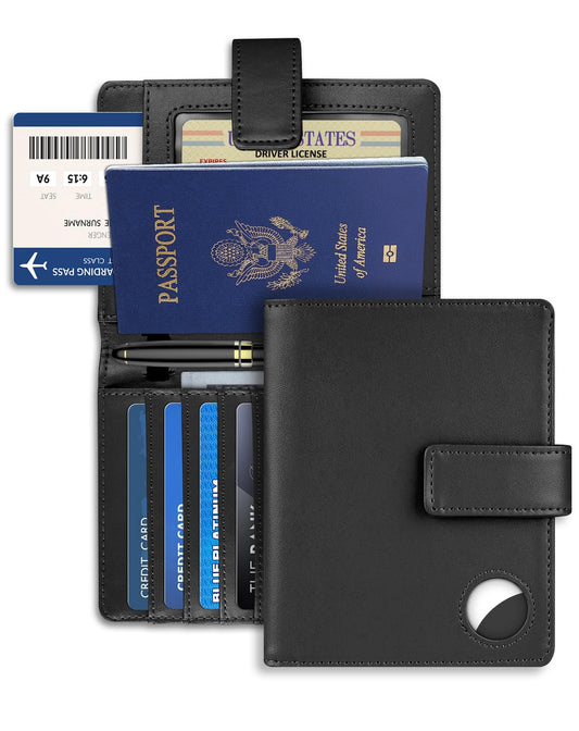 Passport Holder with AirTag RFID Blocking Passport Wallet Holder Cover Case for Women and Men Travel Accessories (Black)