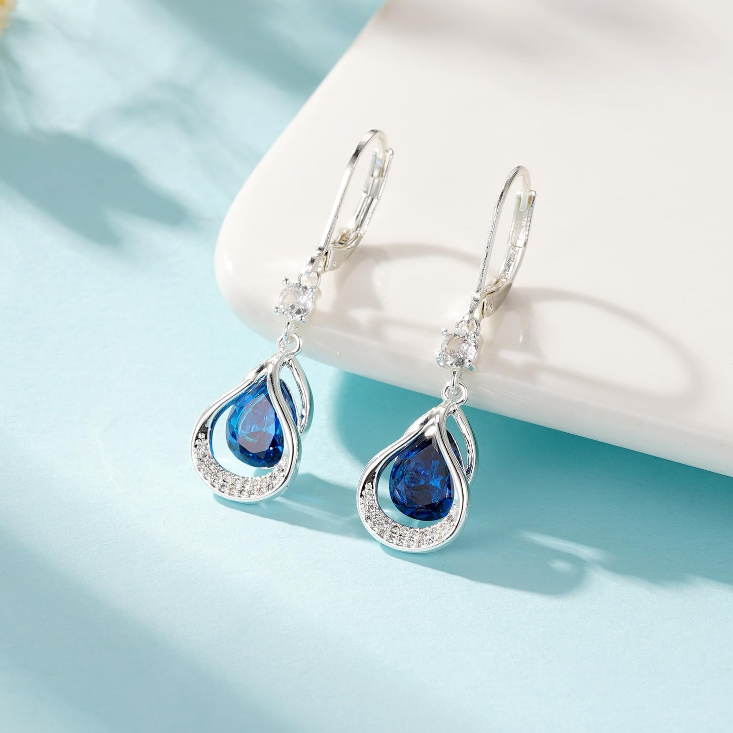 Dangle Trendy Leverback Birthstone Earrings Sliver Plated Teardrop Dangle Earrings Jewelry Christmas Birthday Gifts for Women (Sliver September)