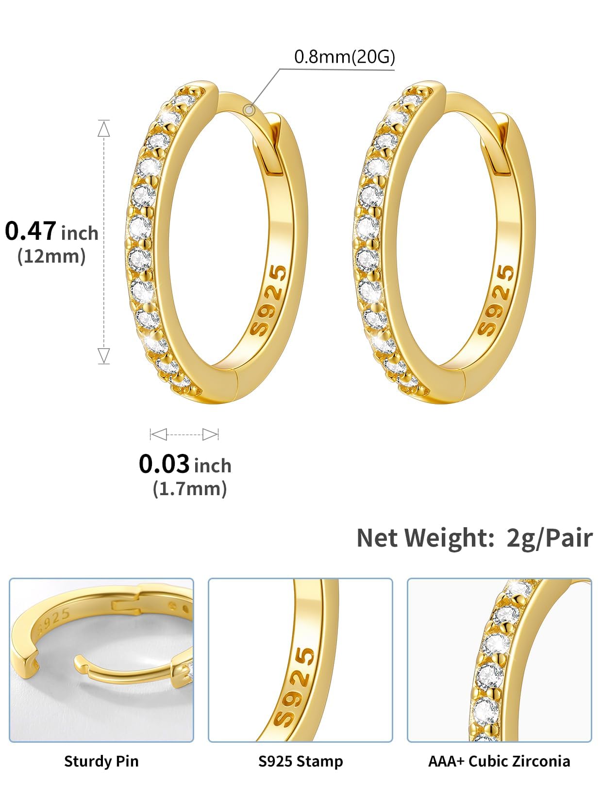 SILVERCUTE 925 Sterling Silver Huggie Hoop Earrings for Women,Hypoallergenic 14K Gold Plated Small Hoop Earring Cubic Zirconia Cartilage Earring Lightweight Huggies Earrings for Women,8/10/12mm