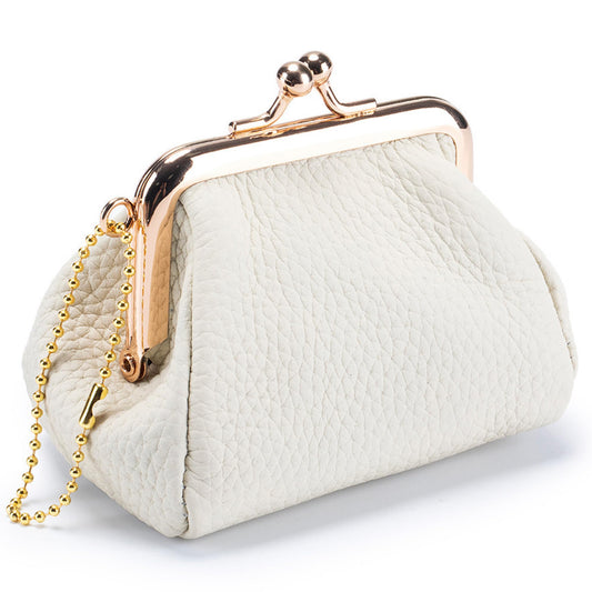 Genuine Leather Coin Purse for Women, Cute Mini Lipstick Holder Case, Small Vintage Kiss Lock Jewelry Storage Organizer Change Bag Pouch (Creamy White)