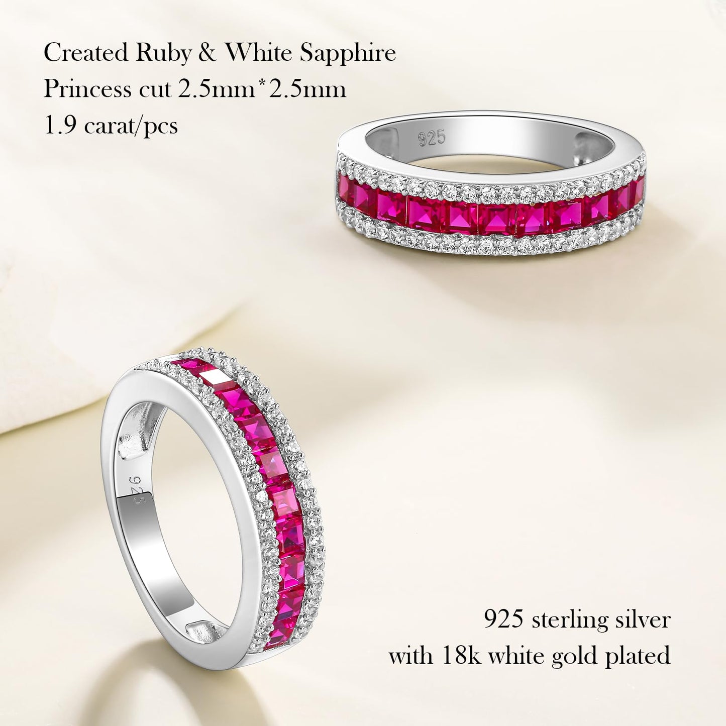 RANDES Ruby Ring Eternity Band Thick Wedding Bands for Women 925 Sterling Silver Red Stone Ring Channel Set Anniversary Band Size 8.5