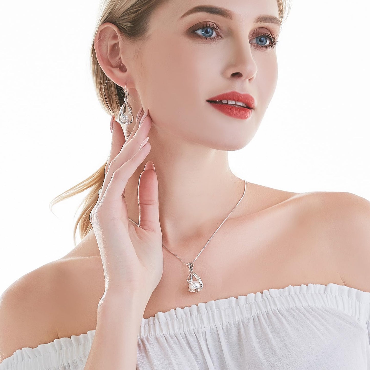 HENGSHENG Pearl Jewelry Set For Women S925 Sterling Silver Necklace & Earrings Set Freshwater Pearl Pendant Cage Set for Wedding Anniversary Prom Birthday Gift - Silvery White
