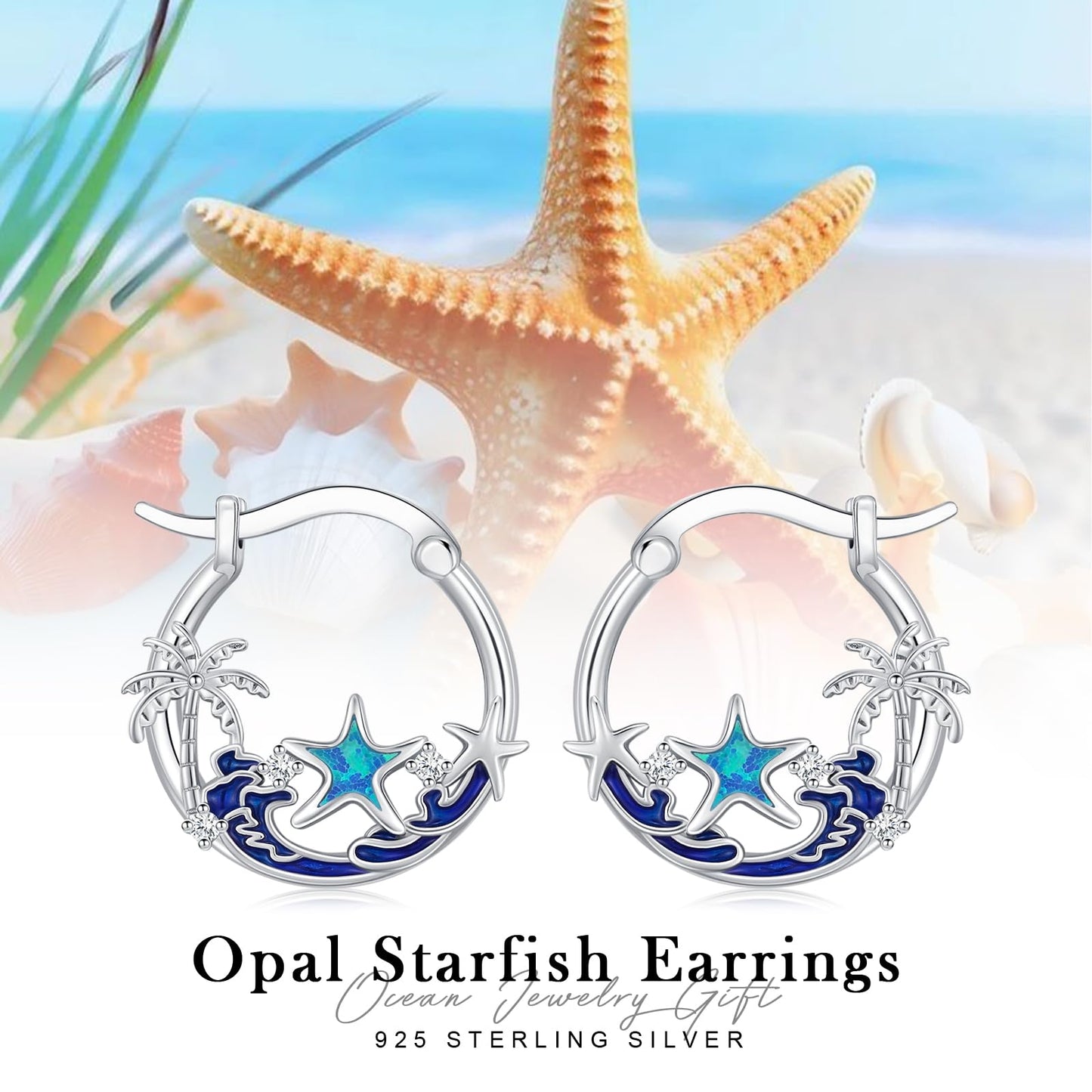 Opal Starfish Earrings 925 Sterling Silver Ocean Hoop Earrings Beach Themed Summer Jewelry Starfish Graduation Gifts for Women Daughter Her