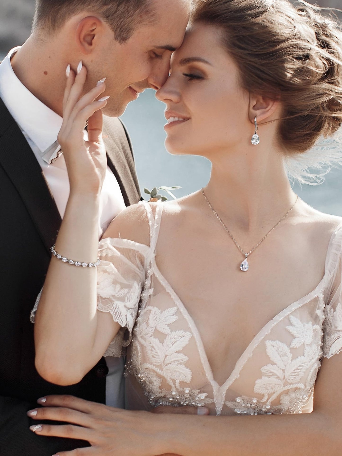 SWEETV Bridal Jewelry Set for Wedding, Cubic Zirconia Crystal Wedding Jewelry Set for Bride Bridesmaid, Crystal Teardrop Pendants Earrings Necklace Bracelet Set for Prom